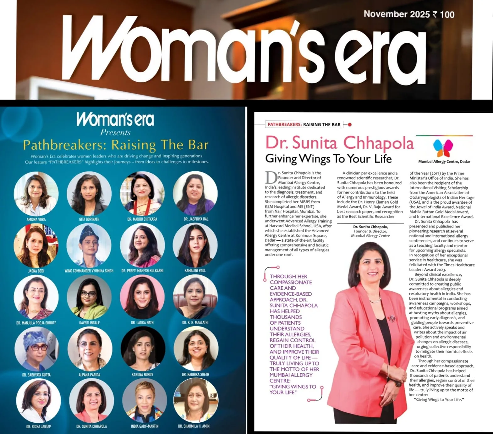 Woman’s Era magazine, November 2025, featuring Dr. Sunita Chhapola Shukla in Pathbreakers: Raising the Bar